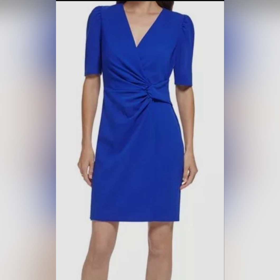 Dkny Dress, Size 12, Royal Blue Faux Wrap, Short Sleeves, V-Neck, Back Zip
